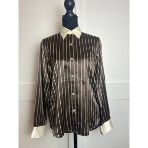 Lauren Ralph Lauren Silk Button Up Shirt 6P Brown Cream Stripe
